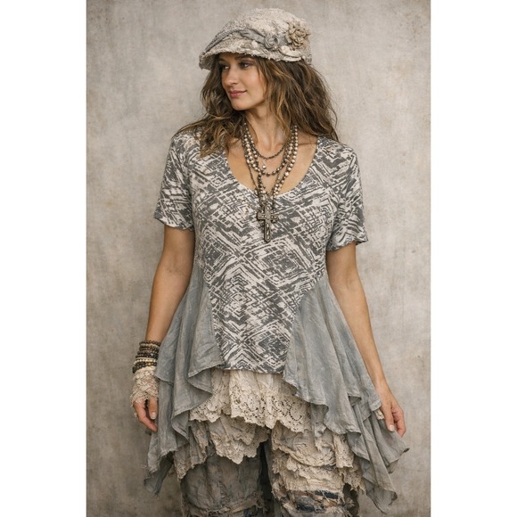 The Morgan Factory Tops - The Morgan Factory Mixed Media Boho Tunic Top Grey Geometric Floral Medium Large